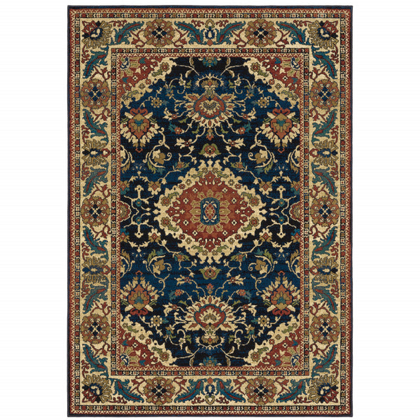 Homeroots 10' X 13' Blue Red And Beige Oriental Power Loom Stain Resistant Area Rug  Polypropylene 508244