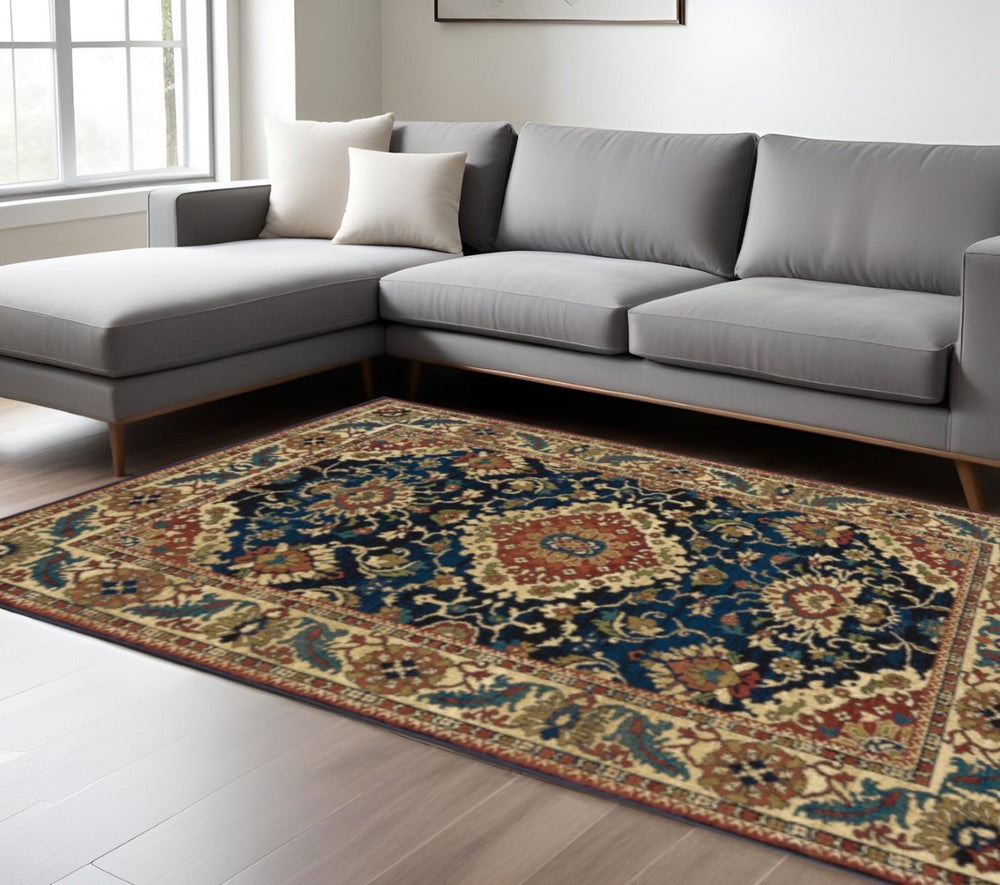 HomeRoots 10' Blue, Red & Beige Oriental Area Rug - Durable Power Loom Construction, Stain Resistant & Stylish 508244