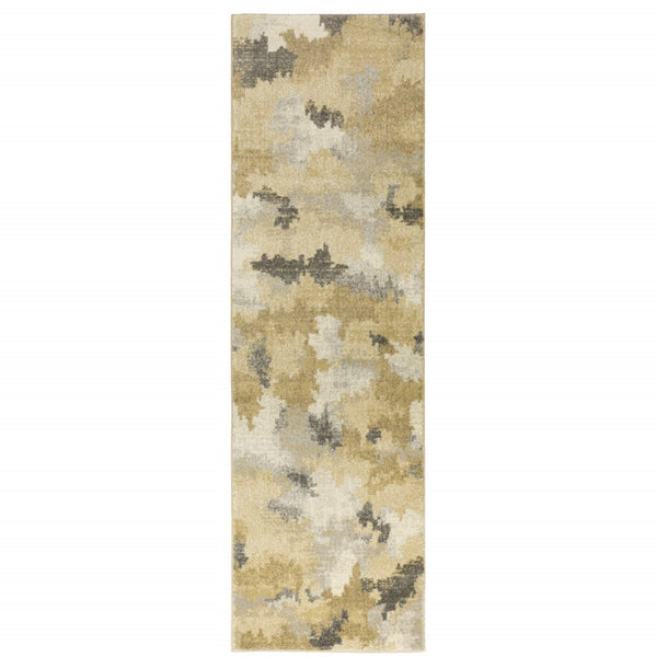 HomeRoots 2' Abstract Power Loom Runner Rug in Grey, Ivory, Beige, and Taupe – Durable, Stain Resistant Design Beige/ Gold 2'3" x 7'6" 508284