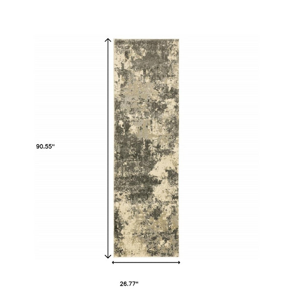 HomeRoots 2' Abstract Charcoal Grey and Beige Power Loom Runner Rug - Stain Resistant for Modern Spaces 2'3" x 7'6" 508290