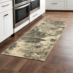 HomeRoots 2' Abstract Charcoal Grey and Beige Power Loom Runner Rug - Stain Resistant for Modern Spaces 2'3" x 7'6" 508290