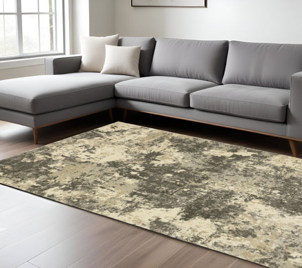 HomeRoots 2' Abstract Charcoal Grey and Beige Power Loom Runner Rug - Stain Resistant for Modern Spaces 8' X 11' 508294