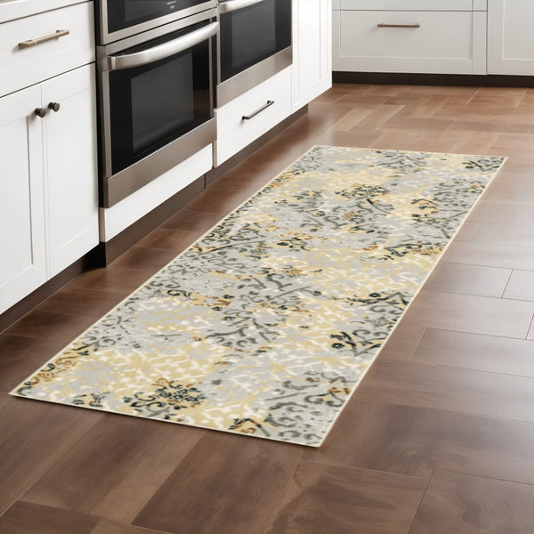 HomeRoots 2' Modern Abstract Grey and Gold Stain-Resistant Runner Rug for Stylish Hallways and Entryways 2'3" x 7'6" 508326