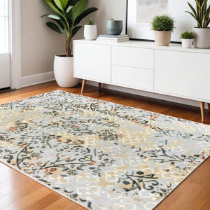 HomeRoots 2' Modern Abstract Grey and Gold Stain-Resistant Runner Rug for Stylish Hallways and Entryways 4' X 6' 508327