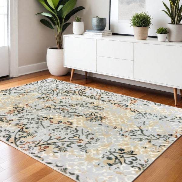 HomeRoots 2' Modern Abstract Grey and Gold Stain-Resistant Runner Rug for Stylish Hallways and Entryways 4' X 6' 508327