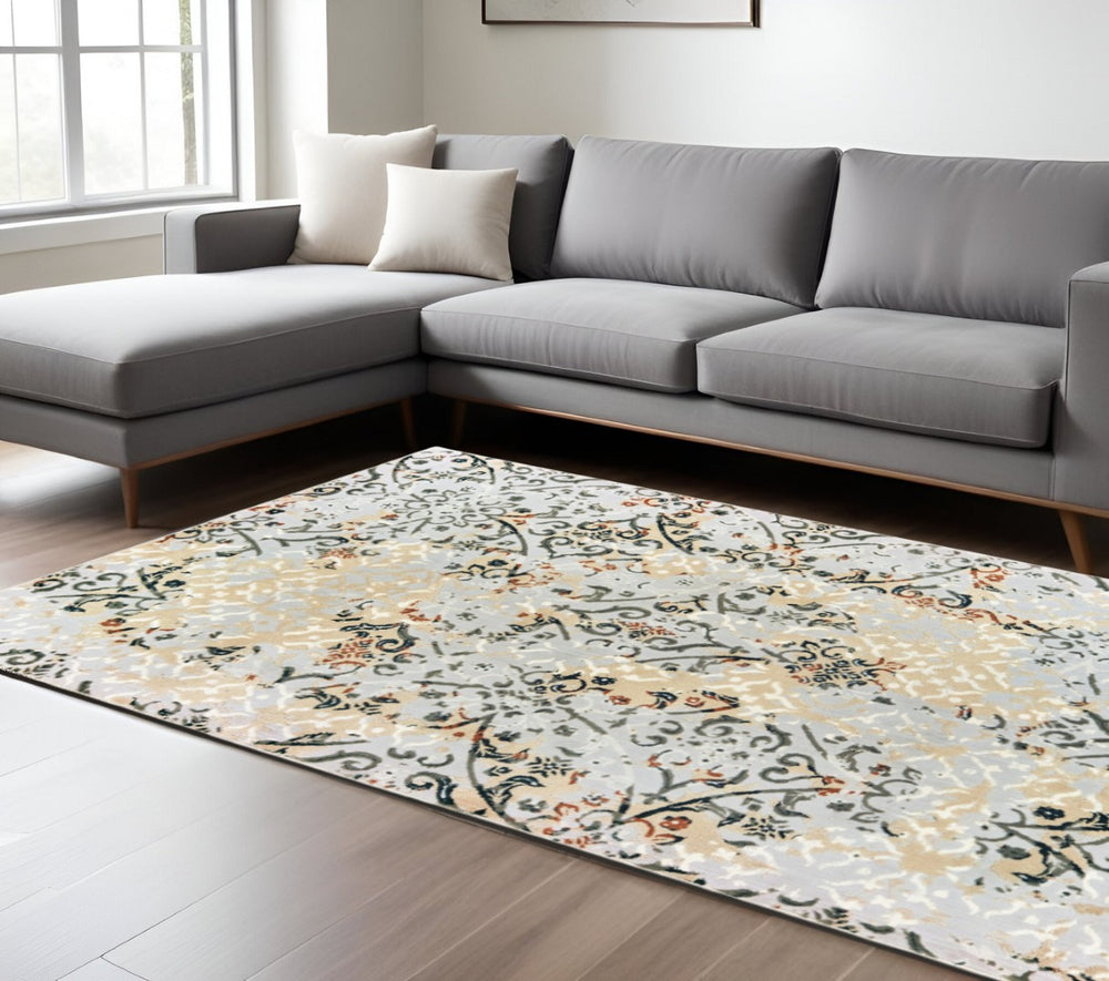 HomeRoots 2' Modern Abstract Grey and Gold Stain-Resistant Runner Rug for Stylish Hallways and Entryways 8' X 11' 508330