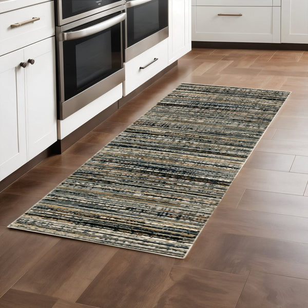 HomeRoots 8' Abstract Lines Indoor Runner Rug - Modern High-Low Texture in Warm Neutral Palette for Hallways Black/ Navy 2'3" x 7'6" 508332