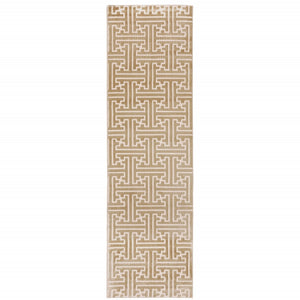 HomeRoots 2' Gold and Ivory Geometric Runner Rug - Stain Resistant, Hi-Low Pile, Modern Style for Hallways 2'3" x 7'6" 508344