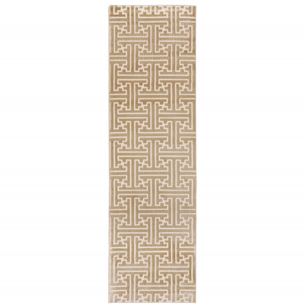 HomeRoots 2' Gold and Ivory Geometric Runner Rug - Stain Resistant, Hi-Low Pile, Modern Style for Hallways 2'3" x 7'6" 508344