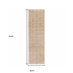 HomeRoots 2' Gold and Ivory Geometric Runner Rug - Stain Resistant, Hi-Low Pile, Modern Style for Hallways 2'3" x 7'6" 508344