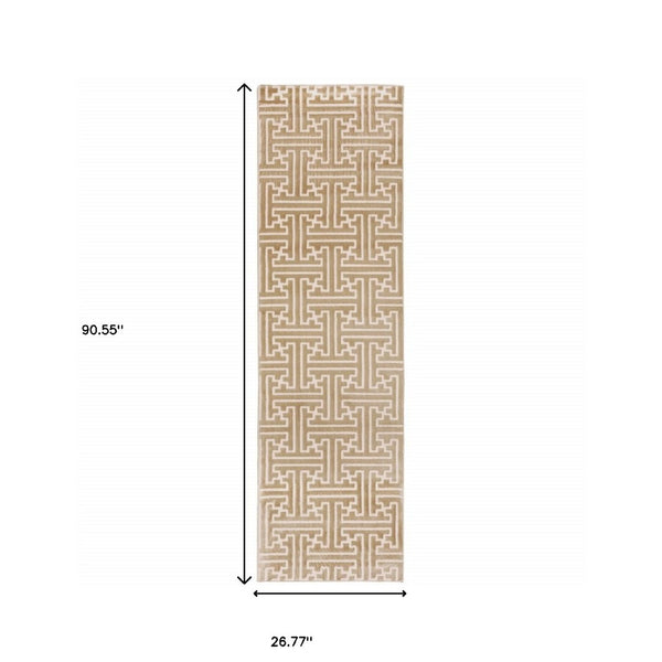 HomeRoots 2' Gold and Ivory Geometric Runner Rug - Stain Resistant, Hi-Low Pile, Modern Style for Hallways 2'3" x 7'6" 508344