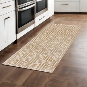 HomeRoots 2' Gold and Ivory Geometric Runner Rug - Stain Resistant, Hi-Low Pile, Modern Style for Hallways 2'3" x 7'6" 508344