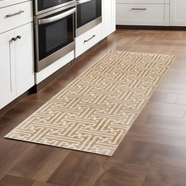 HomeRoots 2' Gold and Ivory Geometric Runner Rug - Stain Resistant, Hi-Low Pile, Modern Style for Hallways 2'3" x 7'6" 508344