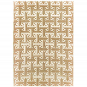 HomeRoots 2' Gold and Ivory Geometric Runner Rug - Stain Resistant, Hi-Low Pile, Modern Style for Hallways 4' X 6' 508345