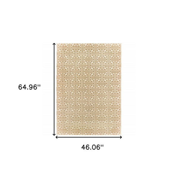 HomeRoots 2' Gold and Ivory Geometric Runner Rug - Stain Resistant, Hi-Low Pile, Modern Style for Hallways 4' X 6' 508345