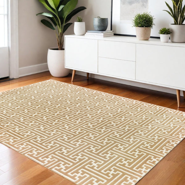 HomeRoots 2' Gold and Ivory Geometric Runner Rug - Stain Resistant, Hi-Low Pile, Modern Style for Hallways 4' X 6' 508345