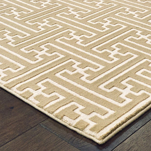 HomeRoots 2' Gold and Ivory Geometric Runner Rug - Stain Resistant, Hi-Low Pile, Modern Style for Hallways 5' X 8' 508346