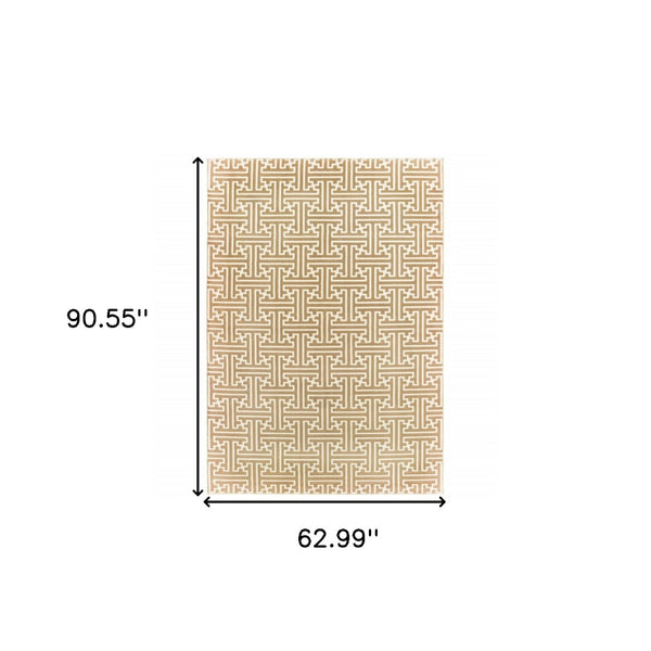 HomeRoots 2' Gold and Ivory Geometric Runner Rug - Stain Resistant, Hi-Low Pile, Modern Style for Hallways 5' X 8' 508346