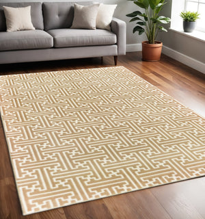 HomeRoots 2' Gold and Ivory Geometric Runner Rug - Stain Resistant, Hi-Low Pile, Modern Style for Hallways 5' X 8' 508346