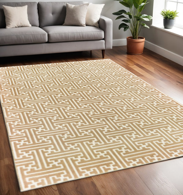 HomeRoots 2' Gold and Ivory Geometric Runner Rug - Stain Resistant, Hi-Low Pile, Modern Style for Hallways 5' X 8' 508346