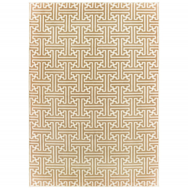 HomeRoots 2' Gold and Ivory Geometric Runner Rug - Stain Resistant, Hi-Low Pile, Modern Style for Hallways 7' X 10' 508347
