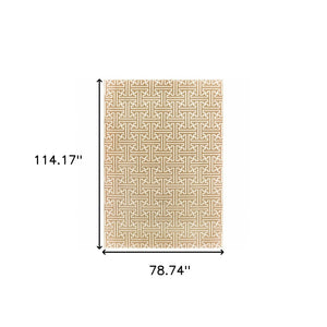 HomeRoots 2' Gold and Ivory Geometric Runner Rug - Stain Resistant, Hi-Low Pile, Modern Style for Hallways 7' X 10' 508347