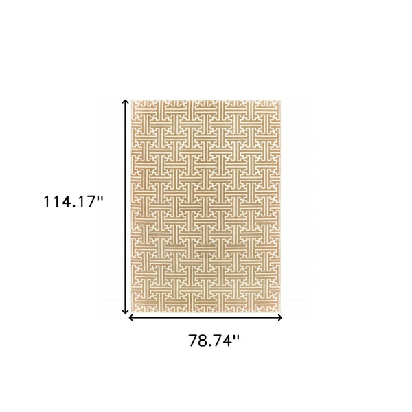HomeRoots 2' Gold and Ivory Geometric Runner Rug - Stain Resistant, Hi-Low Pile, Modern Style for Hallways 7' X 10' 508347