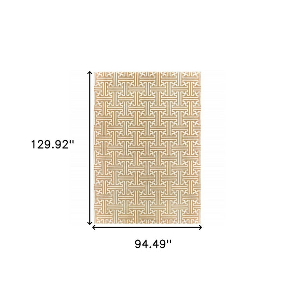HomeRoots 2' Gold and Ivory Geometric Runner Rug - Stain Resistant, Hi-Low Pile, Modern Style for Hallways 8' X 11' 508348