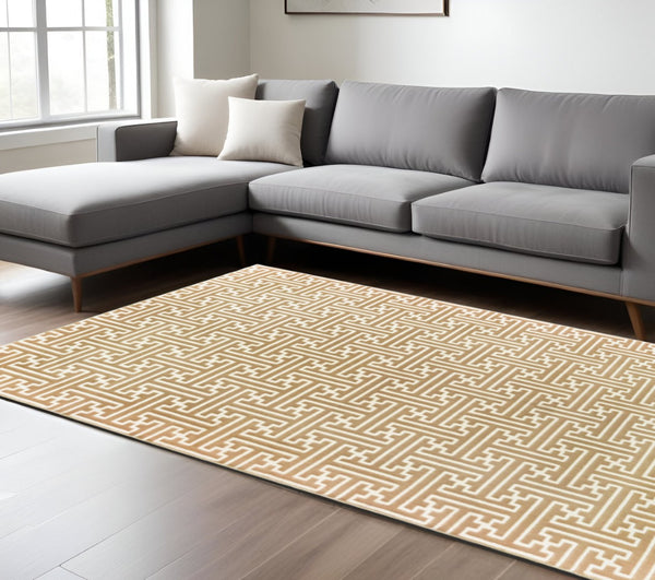 HomeRoots 2' Gold and Ivory Geometric Runner Rug - Stain Resistant, Hi-Low Pile, Modern Style for Hallways 8' X 11' 508348