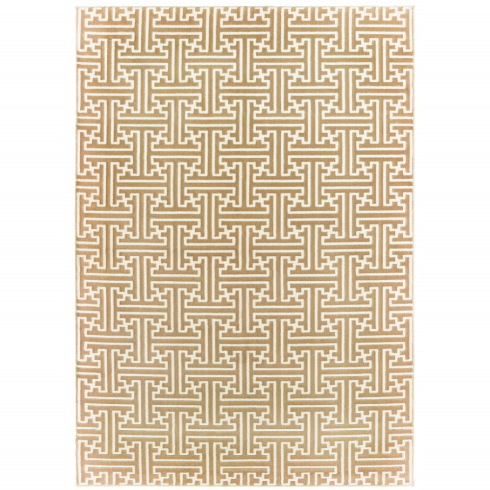 HomeRoots 2' Gold and Ivory Geometric Runner Rug - Stain Resistant, Hi-Low Pile, Modern Style for Hallways 10' X 13' 508349