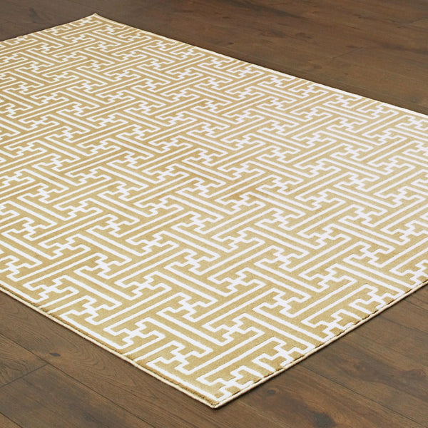 HomeRoots 2' Gold and Ivory Geometric Runner Rug - Stain Resistant, Hi-Low Pile, Modern Style for Hallways 10' X 13' 508349