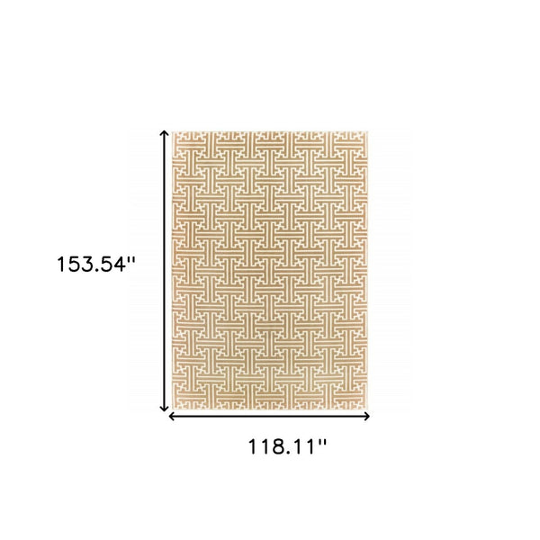 HomeRoots 2' Gold and Ivory Geometric Runner Rug - Stain Resistant, Hi-Low Pile, Modern Style for Hallways 10' X 13' 508349