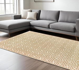 HomeRoots 2' Gold and Ivory Geometric Runner Rug - Stain Resistant, Hi-Low Pile, Modern Style for Hallways 10' X 13' 508349