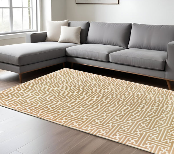 HomeRoots 2' Gold and Ivory Geometric Runner Rug - Stain Resistant, Hi-Low Pile, Modern Style for Hallways 10' X 13' 508349