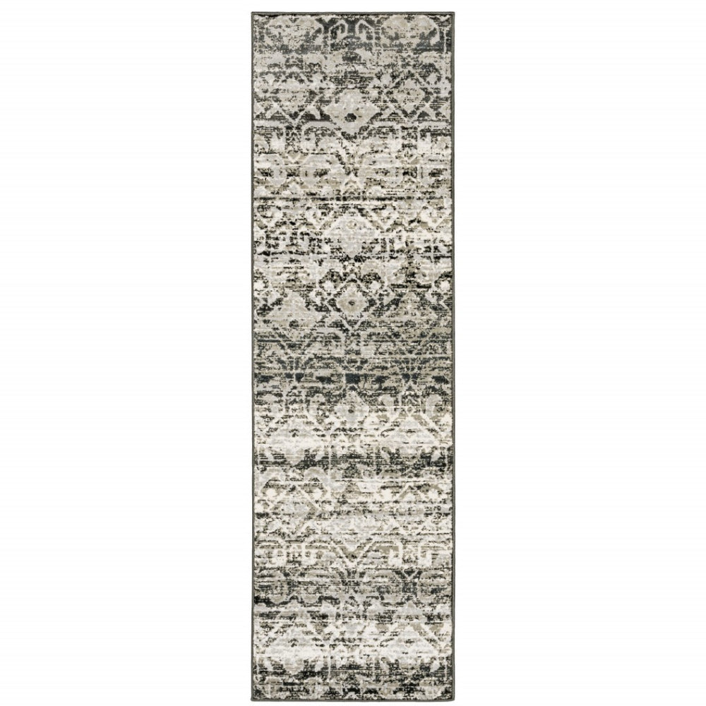 HomeRoots 2' Grey and Ivory Geometric Runner Rug - Stain Resistant, Power-Loomed, Stylish for Hallways and More 2'3" x 7'6" 508350