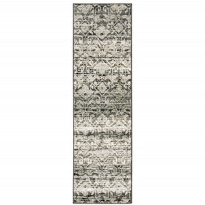 HomeRoots 2' Grey and Ivory Geometric Runner Rug - Stain Resistant, Power-Loomed, Stylish for Hallways and More 2'3" x 7'6" 508350