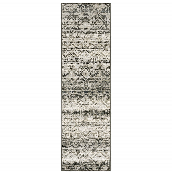 HomeRoots 2' Grey and Ivory Geometric Runner Rug - Stain Resistant, Power-Loomed, Stylish for Hallways and More 2'3" x 7'6" 508350