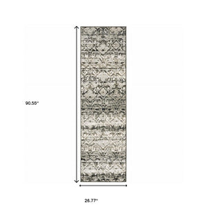 HomeRoots 2' Grey and Ivory Geometric Runner Rug - Stain Resistant, Power-Loomed, Stylish for Hallways and More 2'3" x 7'6" 508350