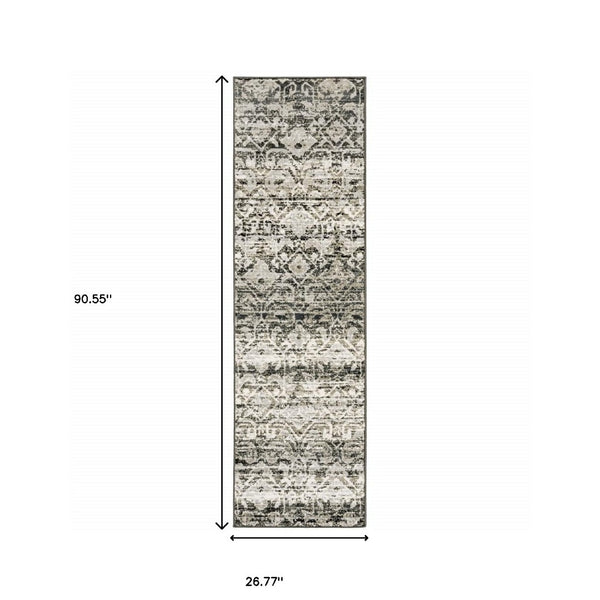 HomeRoots 2' Grey and Ivory Geometric Runner Rug - Stain Resistant, Power-Loomed, Stylish for Hallways and More 2'3" x 7'6" 508350