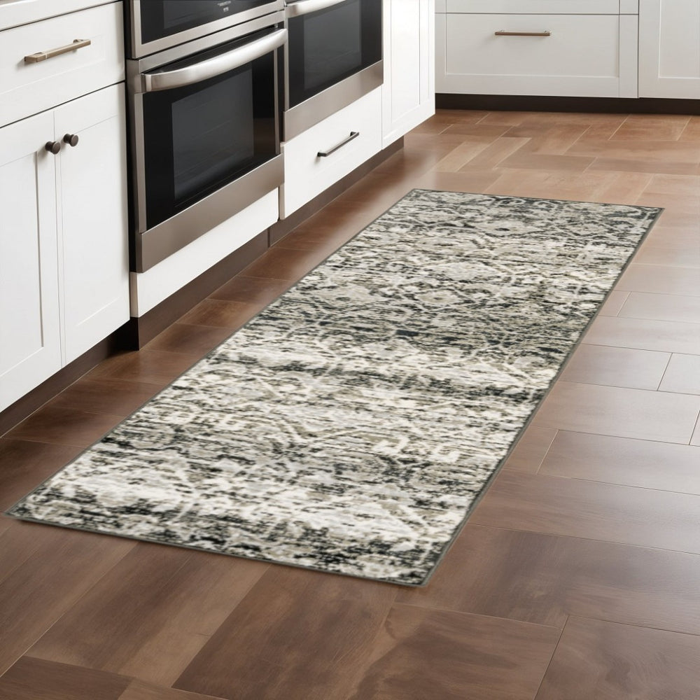HomeRoots 2' Grey and Ivory Geometric Runner Rug - Stain Resistant, Power-Loomed, Stylish for Hallways and More 2'3" x 7'6" 508350