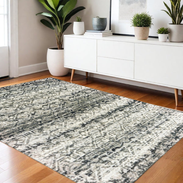 HomeRoots 2' Grey and Ivory Geometric Runner Rug - Stain Resistant, Power-Loomed, Stylish for Hallways and More 4' X 6' 508351