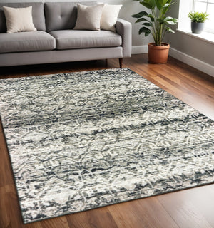 HomeRoots 2' Grey and Ivory Geometric Runner Rug - Stain Resistant, Power-Loomed, Stylish for Hallways and More 5' X 8' 508352