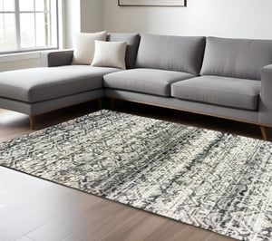 HomeRoots 2' Grey and Ivory Geometric Runner Rug - Stain Resistant, Power-Loomed, Stylish for Hallways and More 10' X 13' 508355