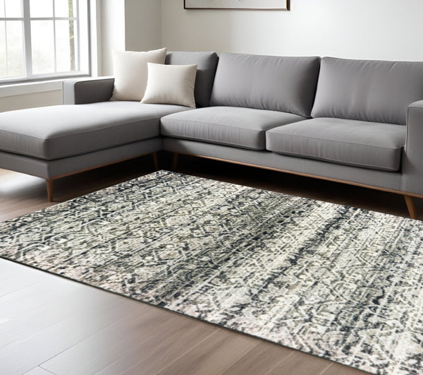 HomeRoots 2' Grey and Ivory Geometric Runner Rug - Stain Resistant, Power-Loomed, Stylish for Hallways and More 10' X 13' 508355