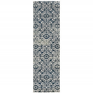 HomeRoots 2' Navy and Ivory Geometric Runner Rug – Durable, Stain Resistant, Perfect for High-Traffic Areas 2'3" x 7'6" 508356