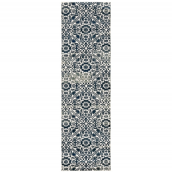 HomeRoots 2' Navy and Ivory Geometric Runner Rug – Durable, Stain Resistant, Perfect for High-Traffic Areas 2'3" x 7'6" 508356