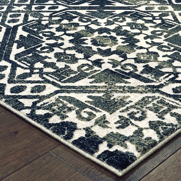 HomeRoots 2' Navy and Ivory Geometric Runner Rug – Durable, Stain Resistant, Perfect for High-Traffic Areas 2'3" x 7'6" 508356