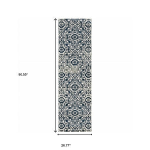 HomeRoots 2' Navy and Ivory Geometric Runner Rug – Durable, Stain Resistant, Perfect for High-Traffic Areas 2'3" x 7'6" 508356