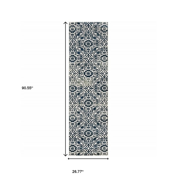HomeRoots 2' Navy and Ivory Geometric Runner Rug – Durable, Stain Resistant, Perfect for High-Traffic Areas 2'3" x 7'6" 508356