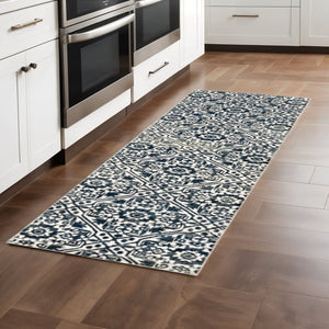HomeRoots 2' Navy and Ivory Geometric Runner Rug – Durable, Stain Resistant, Perfect for High-Traffic Areas 2'3" x 7'6" 508356
